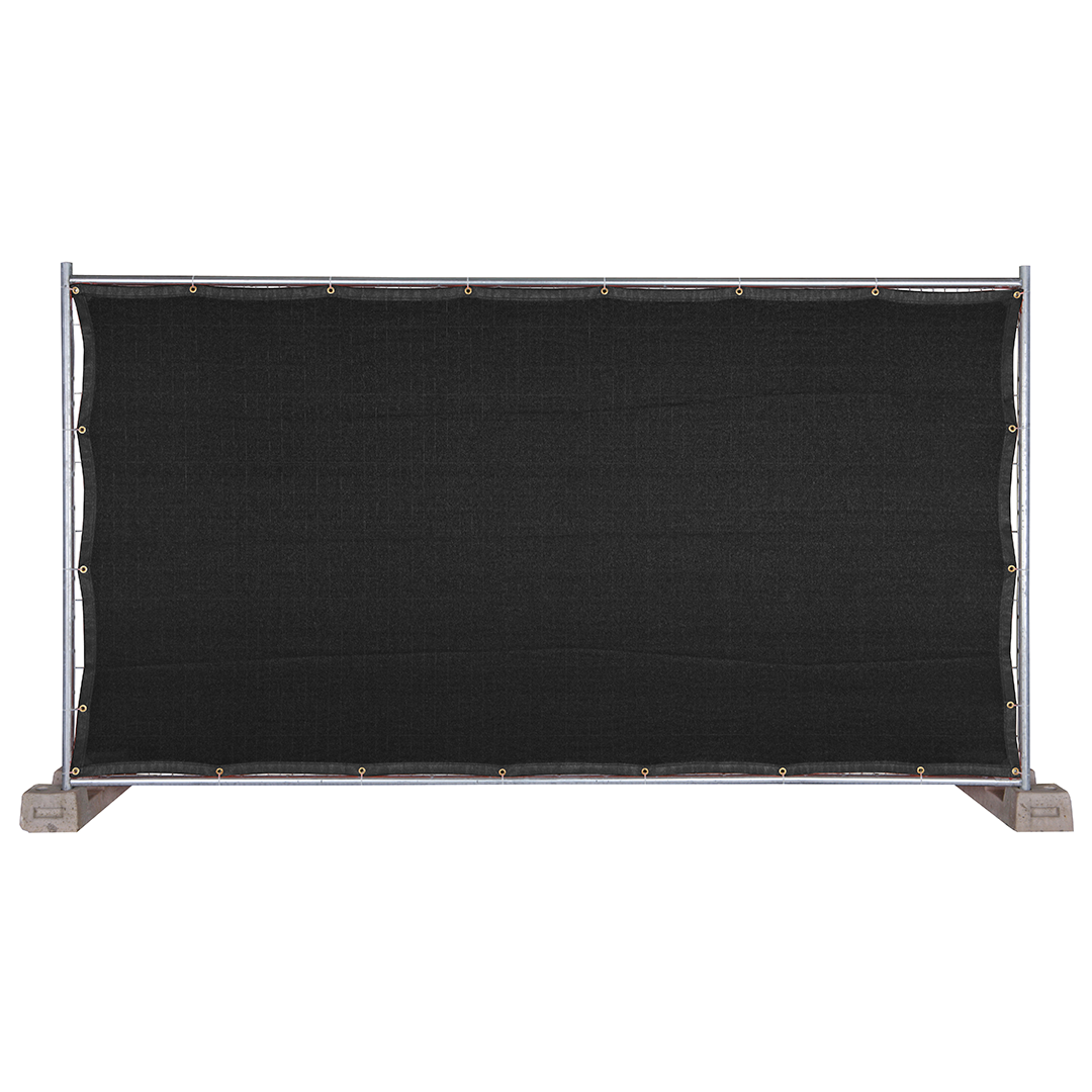 Black fencing net attached to a construction fence on white background, isolated product view