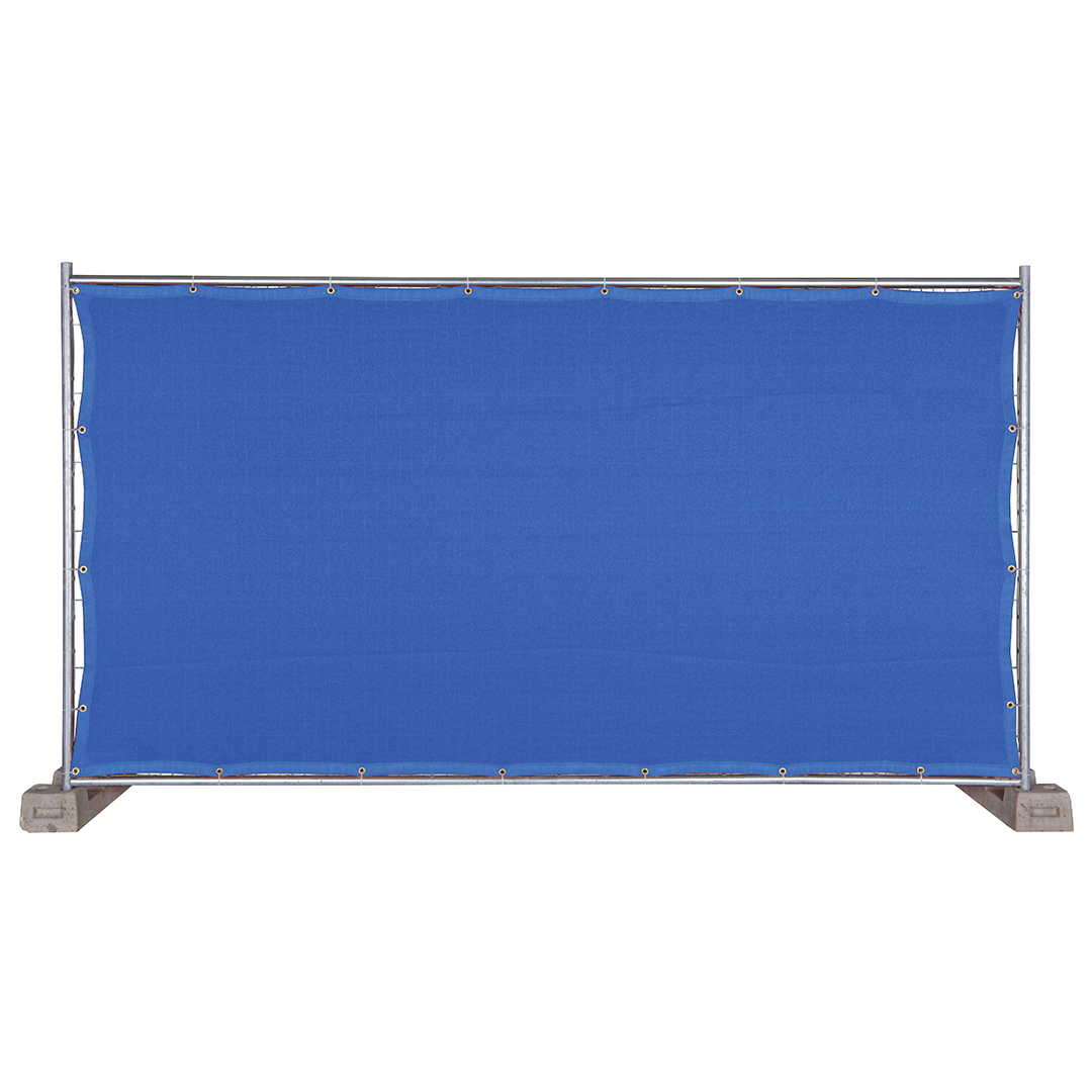 Blue fencing net attached to a construction fence on white background, isolated product view