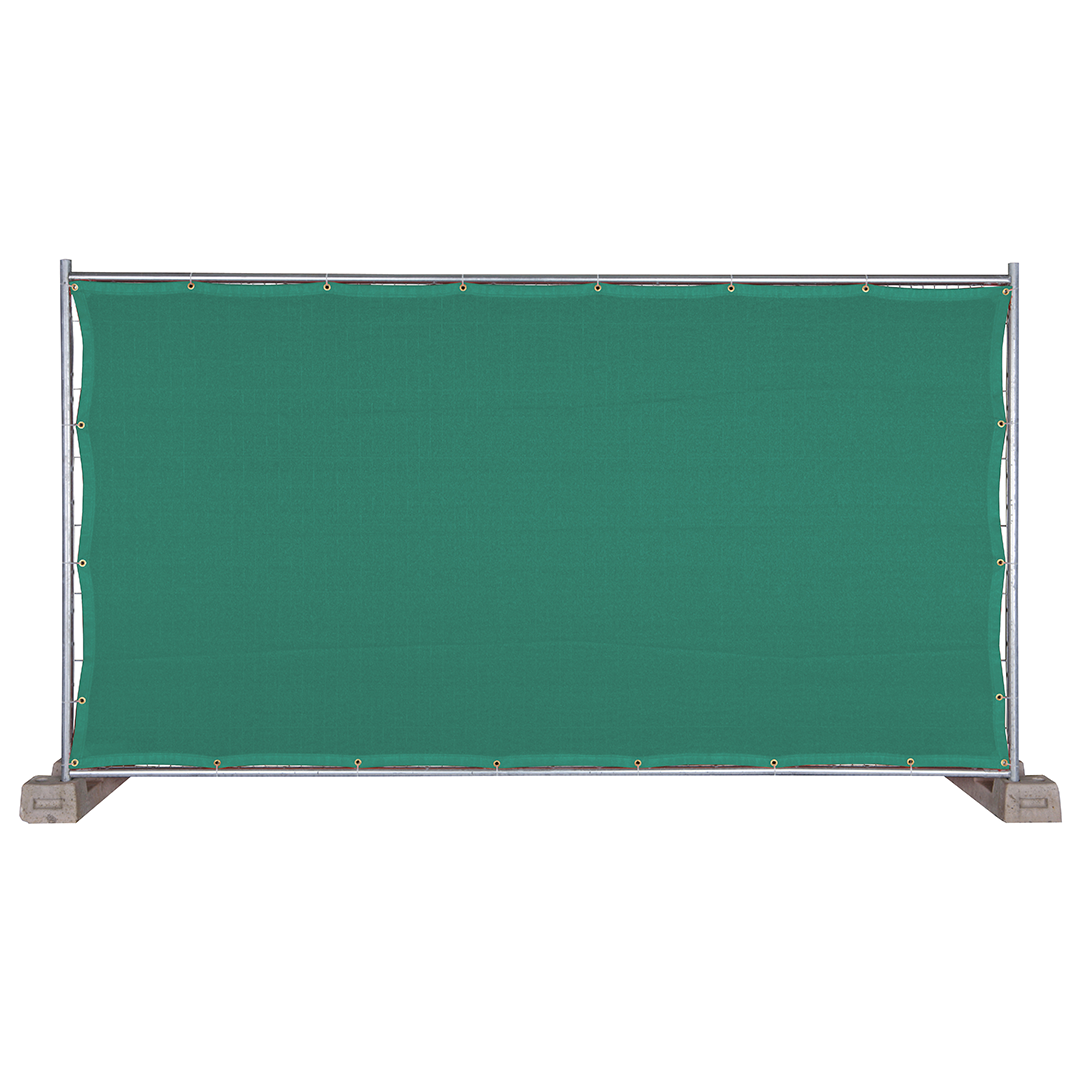 Green fencing net attached to a construction fence on white background, isolated product view