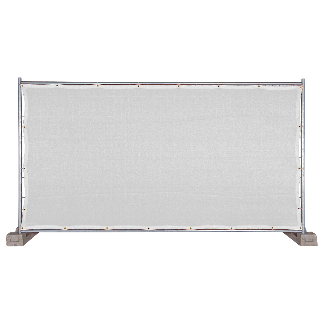 White fencing net attached to a construction fence on white background, isolated product view