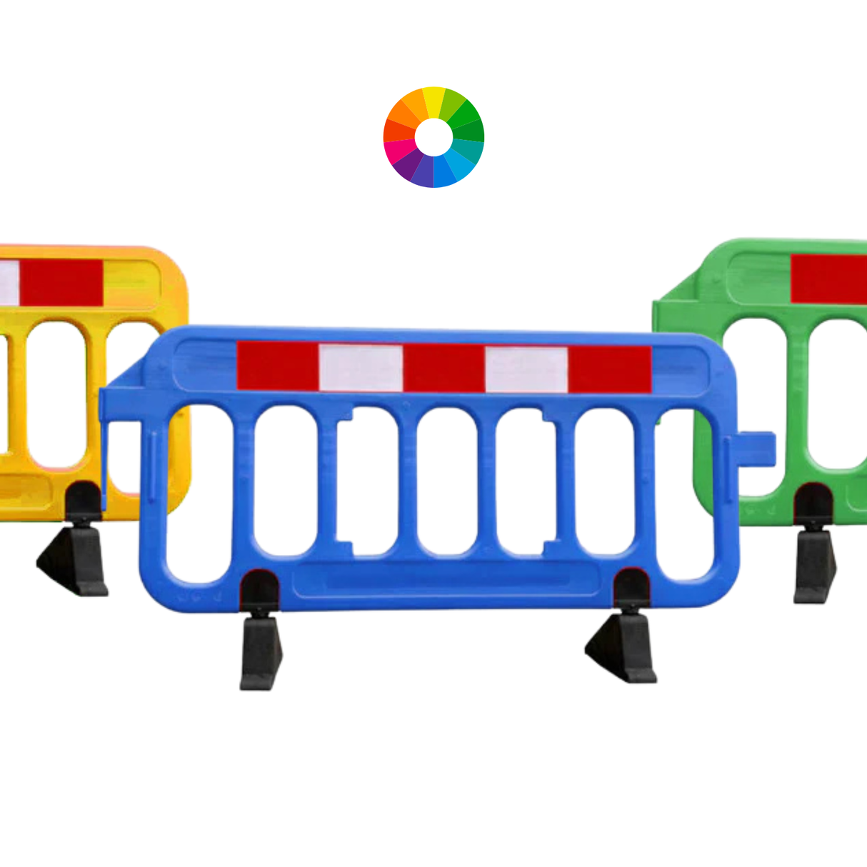 alle 3 de gekleurde plastic dranghekken op een foto op een witte achtergrond met een kleur waaier er boven