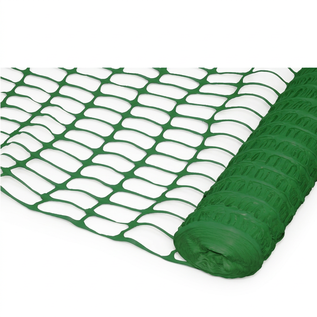 Green plastic mesh safety netting shown partially unrolled from a roll on a white background.