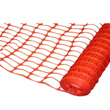 Bright orange plastic mesh safety net shown partially unrolled from a roll on a plain white background.